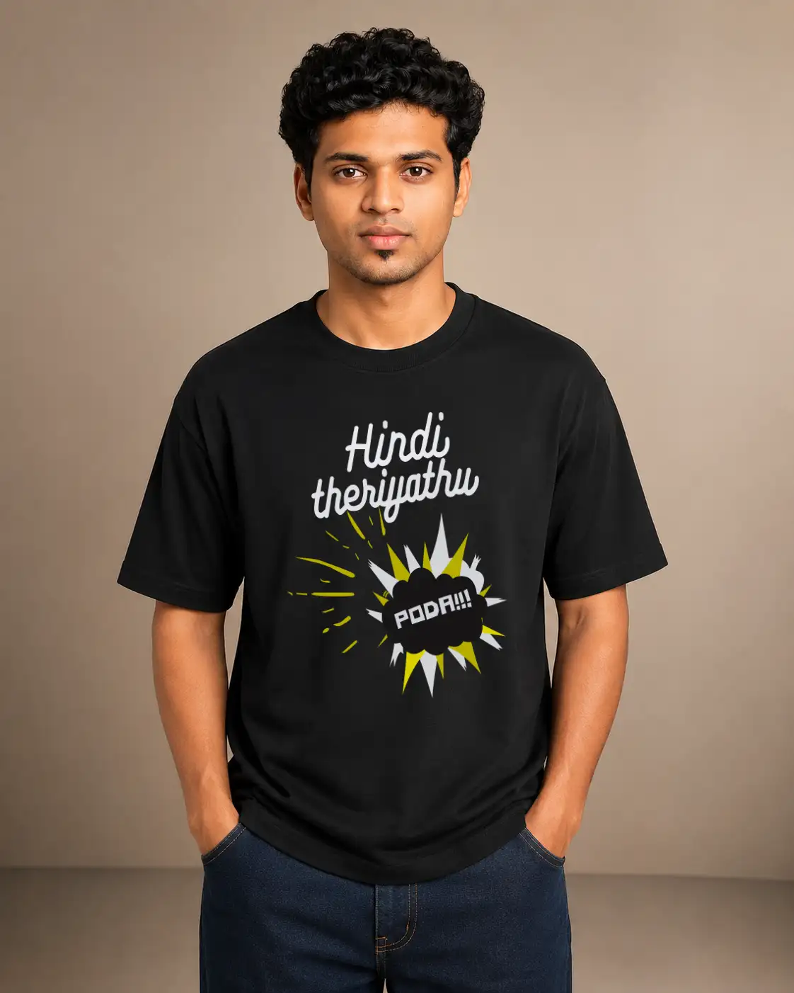 Hindi Theriyadhu Poda Black Men's Round Neck T-Shirt - image 1